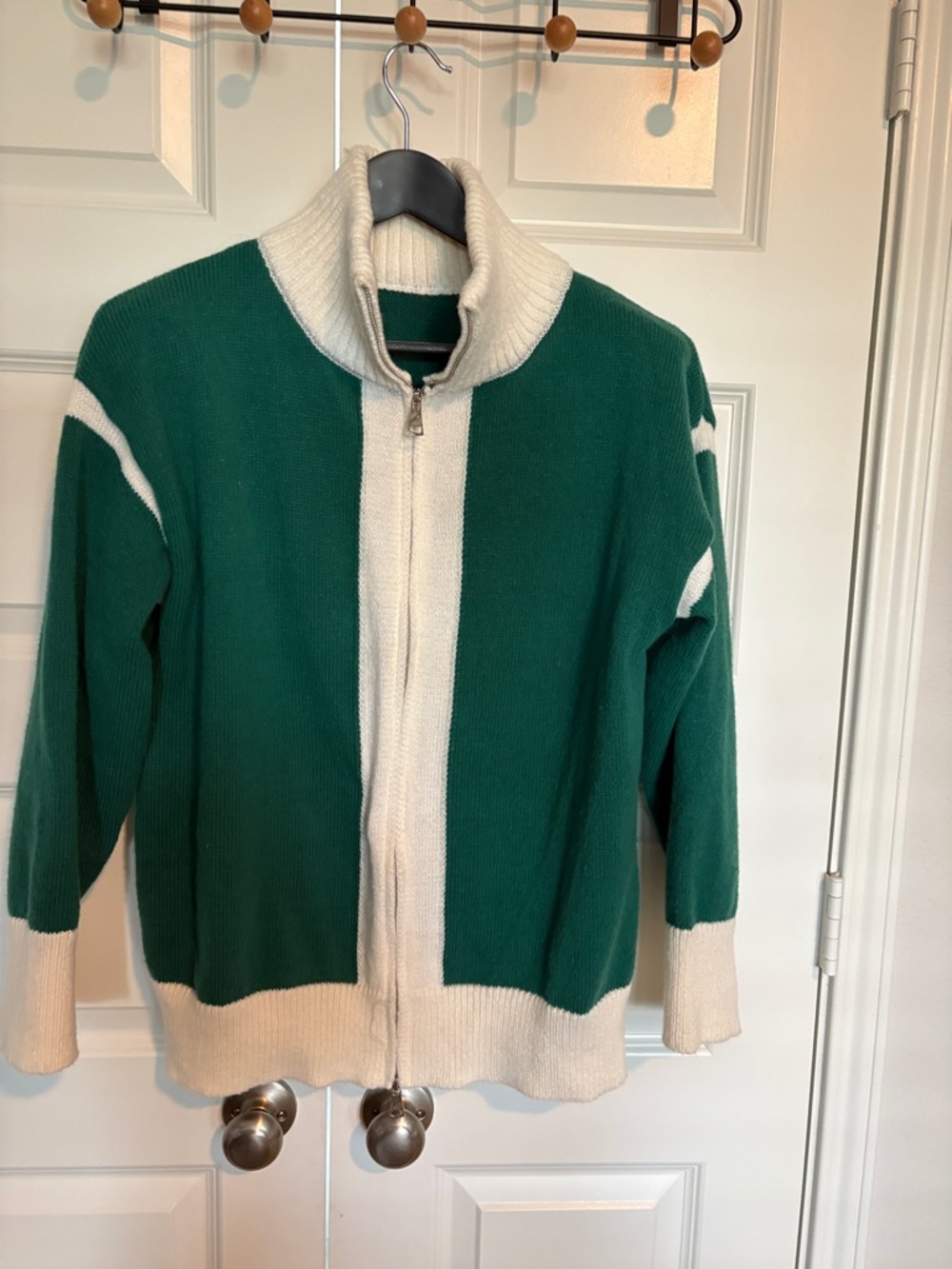 Green and Cream Full-Zip Knit Cardigan